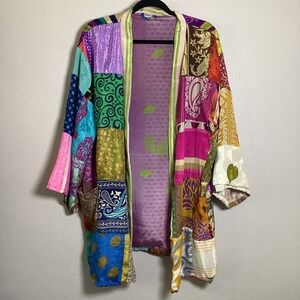 Multicolor Colorful 100% Silk Artsy Eclectic Patchwork Boho Boho Kimono Shawl